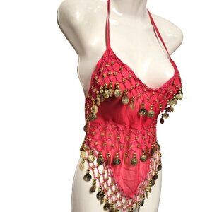 Fuchsia Pink Belly Dancing Top Crocheted with Gold Beads Coins Halter Crop Top